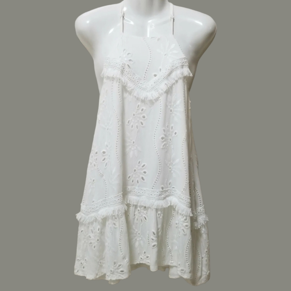 Sugar + Lips White Embroidered Fringe Halter Dress Cover Up Small Boho